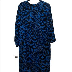 Vintage Anne Crimmins for Umi Coll. 100% silk blue and black print LS midi dress
